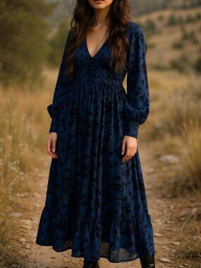 In Loom Ashley Floral Blue Maxi Dress Smocked Puff Sleeve NWT